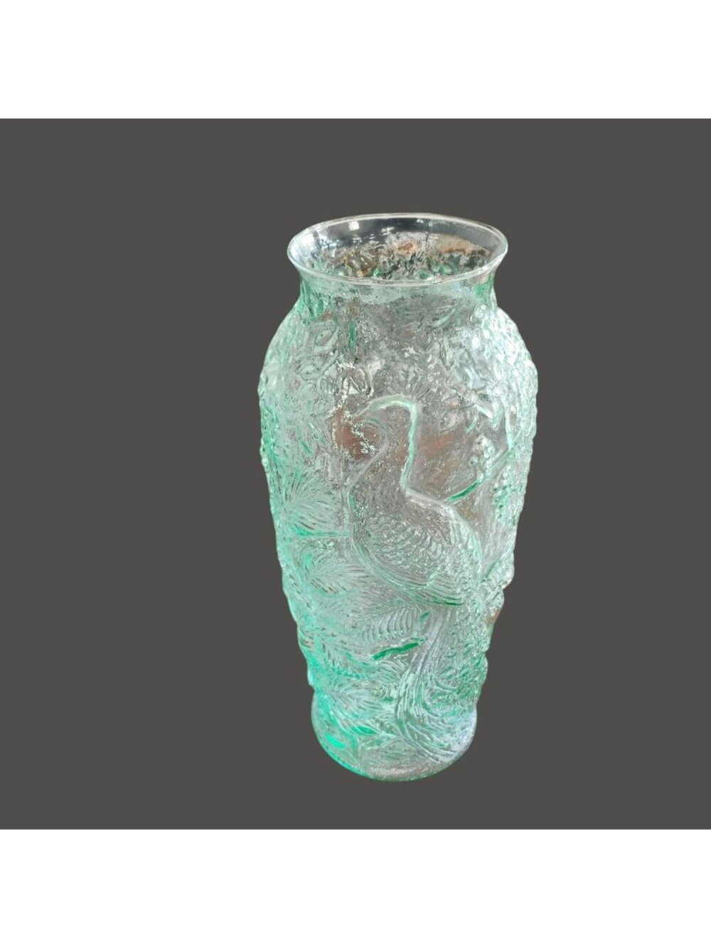 Tiara Indiana Glass Chantilly Green 15" Peacock Vase Embossed Design 1970s Decor